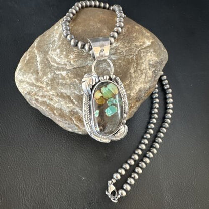 Navajo Blue Spiderweb Turquoise Pendant | Sterling Silver Necklace | 18" Pearls | 15093