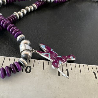 Navajo Hummingbird Purple Sugilite Inlay Pendant Necklace | Sterling Silver Inlay | Authentic Native American Handmade | 16762
