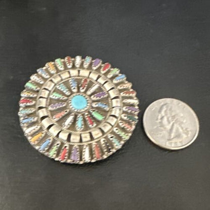 Zuni Multi-Color Turquoise Needle Point Wheel Pin Pendant | Sterling Silver | Authentic Native American Handmade | 15154