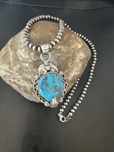 Navajo Blue Turquoise Pendant Necklace | Sterling Silver Pearls | Authentic Native American Handmade | 15639