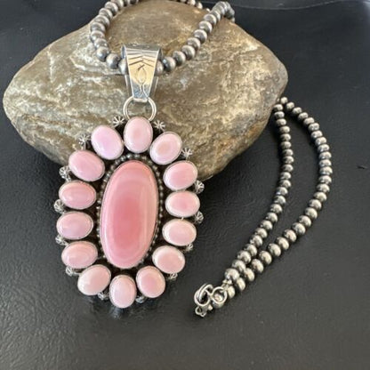 Navajo Pearls Pink Conch Necklace with Multi-Stone Cluster Pendant | Authentic Native American Handmade | 16061