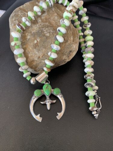 Navajo Green Turquoise Gaspeite Spiny Oyster Necklace Naja Pendant | Sterling Silver | 22" | 10523