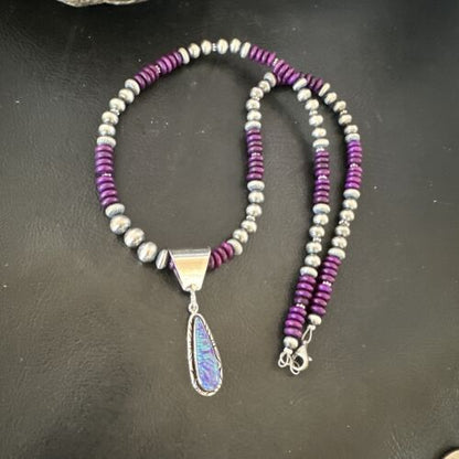 Navajo Faux Opal Pendant with Purple Sugilite Beads | Sterling Silver Necklace | 16746