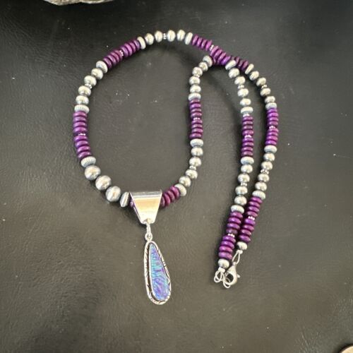 Navajo Faux Opal Pendant | Purple Sugilite Beads | Sterling Silver Necklace 16748