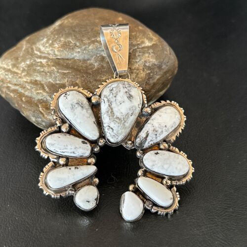 Navajo White Buffalo Turquoise Necklace Naja Pendant | Sterling Silver | Authentic Native American Handmade | 17040