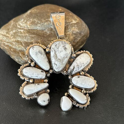 Navajo White Buffalo Turquoise Necklace Naja Pendant | Sterling Silver | Authentic Native American Handmade | 17040
