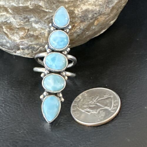 Navajo Women's Cluster Blue Larimar Ring | Authentic Native American Sterling Silver | Multi-Stone | Sz 7.5 | 16150