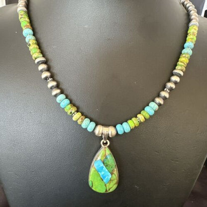 Navajo Blue Green Mojave Turquoise Pendant | Sterling Silver Pearl Necklace | Authentic Native American Handmade | 16923