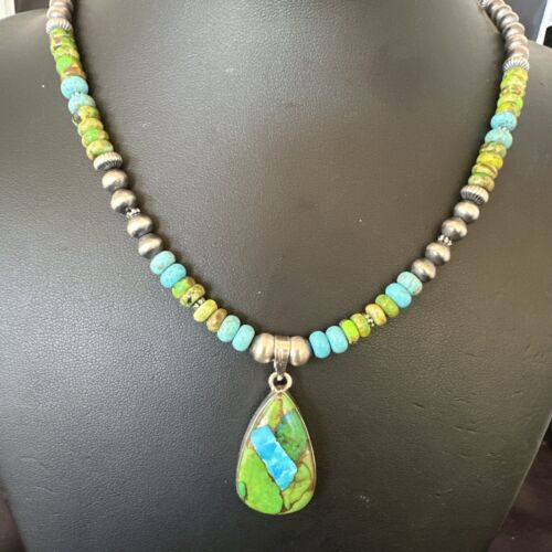 Navajo Blue Green Mojave Turquoise Pendant | Sterling Silver Pearl Necklace | Authentic Native American Handmade | 16923