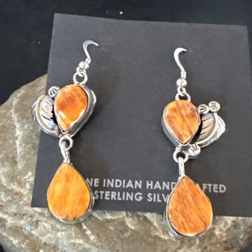 Navajo Orange Spiny Oyster Dangle Earrings | Sterling Silver | 1.5" | Authentic Native American Handmade | 16566