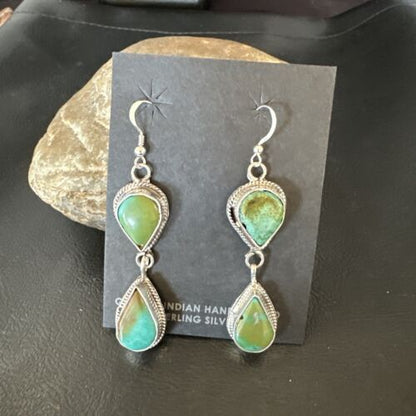 Navajo Green Royston Turquoise Dangle Earrings | Sterling Silver | Authentic Native American Handmade | 16491