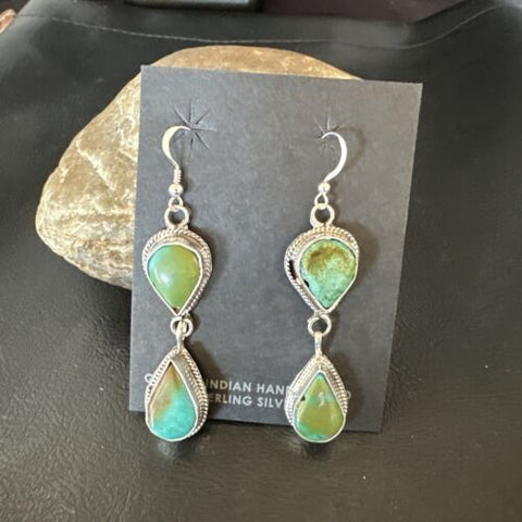 Green Royston Turquoise Navajo Sterling Silver Dangle Earrings 16491