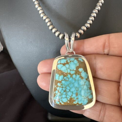 Men's Blue #8 Turquoise Pendant Necklace | Navajo Sterling Silver | Authentic Native American Handmade | 14973