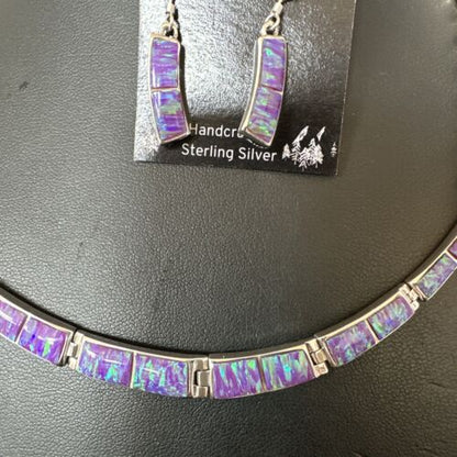 Navajo Purple Opal Inlay Choker Necklace & Earrings Set | Sterling Silver | Authentic Native American Handmade | 16260