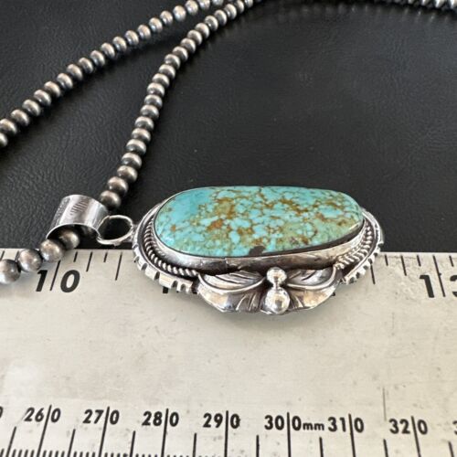 Navajo Blue Turquoise #8 Pendant Necklace | Sterling Silver Pearls | Authentic Native American Handmade | 15905