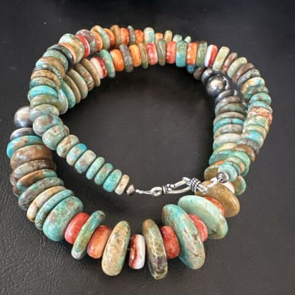Royston Turquoise Spiny Graduated Navajo Pearls Necklace | Sterling Silver | Authentic Native American | 25" | 17003