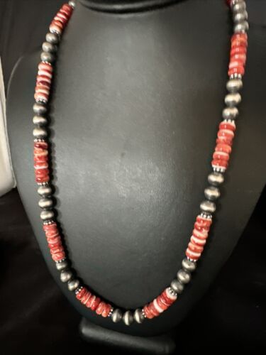 Navajo Pearls Red Spiny Oyster Necklace | 8mm Sterling Silver | Authentic Native American Handmade | 22" | 14850