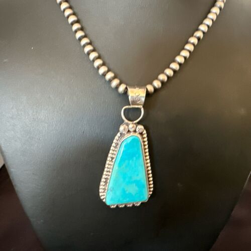 Navajo Pearls Kingman Turquoise Pendant Necklace | Sterling Silver | Authentic Native American Handmade | 17132