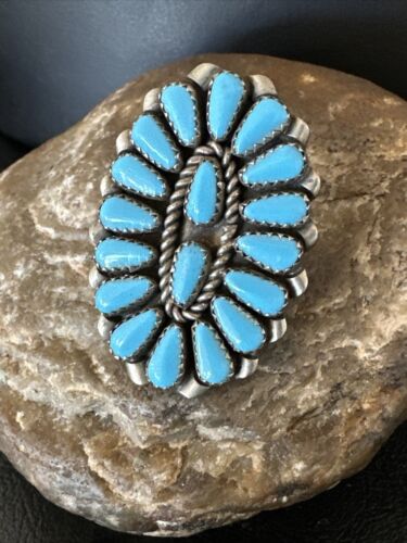 Navajo Blue Turquoise Cluster Ring | Authentic Native American Sterling Silver | Multi-Stone | Sz 8 | 16326