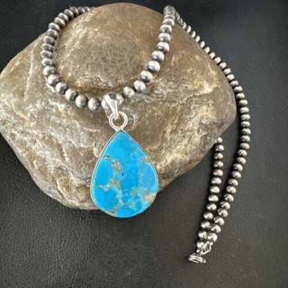 Navajo Blue Kingman Turquoise Pendant Necklace | Sterling Silver | 20" | Authentic Native American Handmade | 17012
