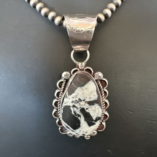 Men's White Buffalo Turquoise Pendant | Navajo Pearl Sterling Silver Necklace 21" | Handmade 17039