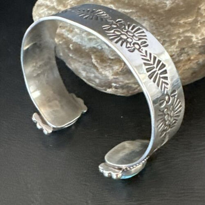 Kingman Turquoise Stamped Cuff Bracelet | Navajo Sterling Silver | Authentic Native American Handmade | 17461