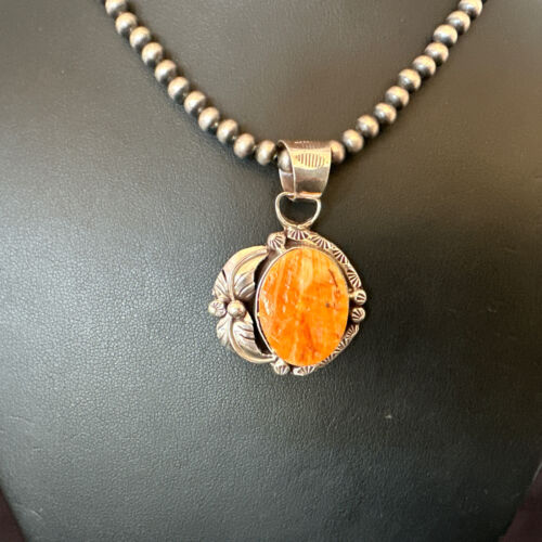 Women's Orange Spiny Oyster Pendant | Navajo Pearls Sterling Silver Necklace 21" | 16555