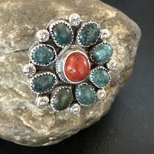 Navajo Blue Spiderweb Turquoise Coral Cluster Ring | Authentic Native American Sterling Silver | Multi-Stone | Sz 9.5 | 17182