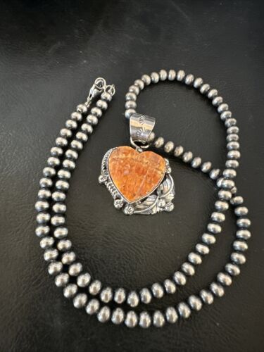 Navajo Orange Spiny Oyster Heart Pendant Necklace | Sterling Silver | Authentic Native American Handmade | 16422