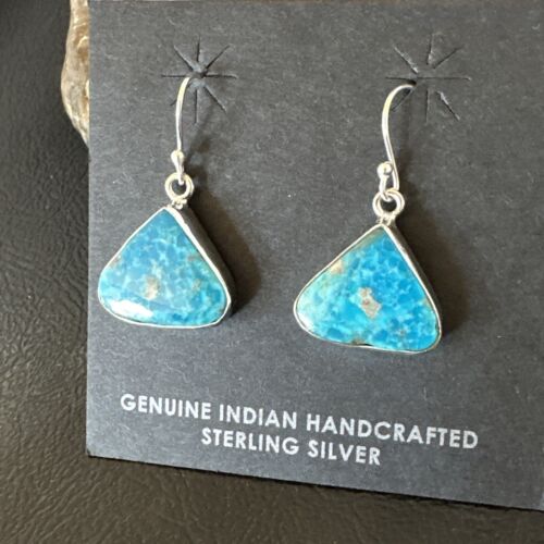 Blue Turquoise Dangle Earrings | Sterling Silver | 1" | Authentic Native American Handmade | 15802