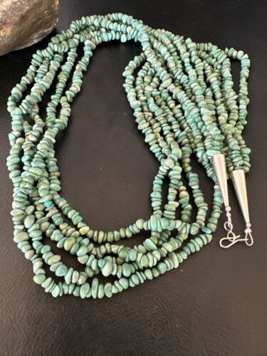 Navajo Green Turquoise Nugget Necklace | 5 Strand | Sterling Silver | Authentic Native American Handmade | 16321