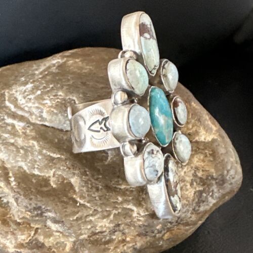 Navajo Golden Hills Turquoise Cluster Ring | Authentic Native American Sterling Silver | Multi-Stone | Sz 8.5 | 16285