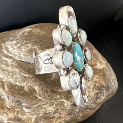 Navajo Golden Hills Turquoise Cluster Ring | Authentic Native American Sterling Silver | Multi-Stone | Sz 8.5 | 16285