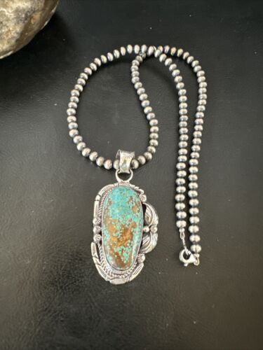 Navajo Blue Turquoise #8 Pendant | Sterling Silver Necklace with Pearls | Authentic Native American Handmade | 15903