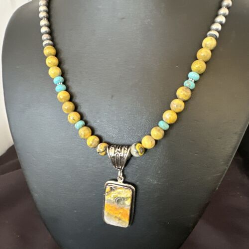 Men's BumbleBee Jasper Pendant Necklace | Navajo Pearls | Sterling Silver | Authentic Native American Handmade | 16874
