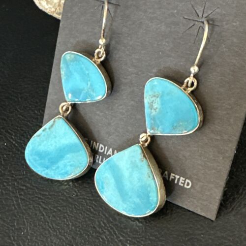 Navajo Blue Kingman Turquoise Dangle Earrings | Sterling Silver | Authentic Native American Handmade | 15101