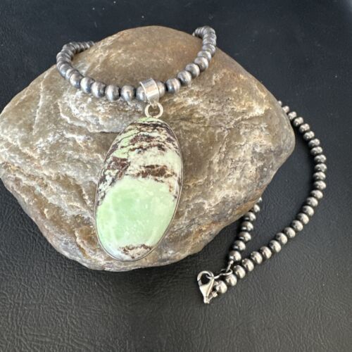 Navajo Green Gaspeite Pendant Necklace | Sterling Silver | Authentic Native American Handmade | 15481