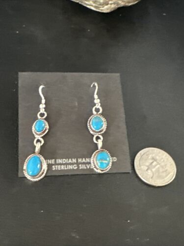 Kingman Turquoise Dangle Earrings | Navajo Sterling Silver | Authentic Native American Handmade | 14870