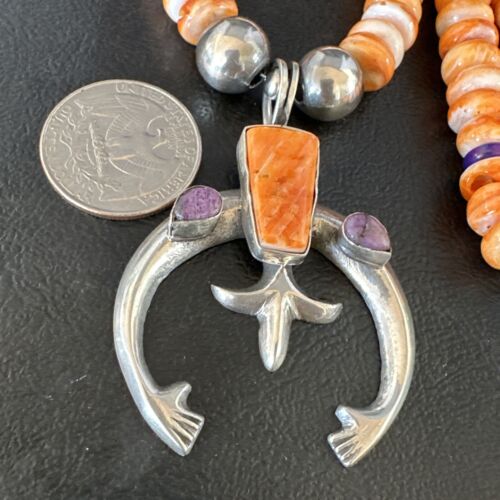 Men's Orange Spiny Oyster Sugilite Naja Pendant Necklace | Navajo Sterling Silver | 22" | Authentic Native American Handmade | 15226