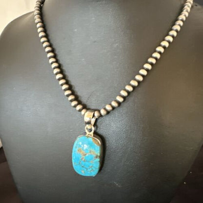 Navajo Blue Kingman Turquoise Pendant Necklace | Sterling Silver | 20" | Authentic Native American Handmade | 16997