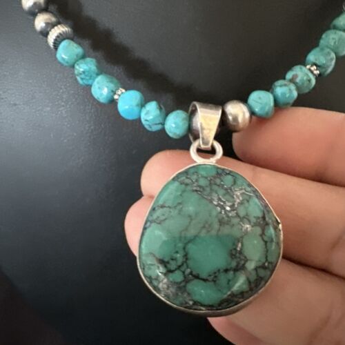Men's Blue Spiderweb Turquoise Pendant Necklace | Navajo Sterling Silver | Authentic Native American Handmade | 17086