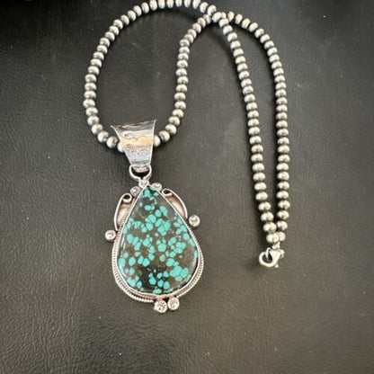 Men's Spiderweb Turquoise Pendant | Navajo Pearls Sterling Silver Necklace | Authentic Native American Handmade | 17067