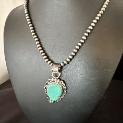 Navajo Blue Turquoise Pendant Necklace | Sterling Silver Pearls | Authentic Native American Handmade | 15656