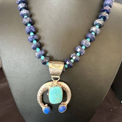 Navajo Blue Denim Lapis Turquoise Naja Pendant Necklace | Sterling Silver | Native American Handmade | 16320