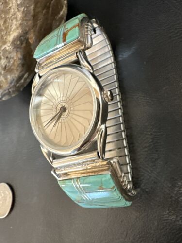 Navajo Men's Blue Turquoise Inlay Watch Tips Band | Sterling Silver | Multi-Stone | 17588
