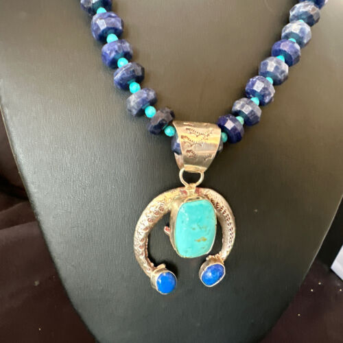 Navajo Blue Denim Lapis Turquoise Naja Pendant Necklace | Sterling Silver | Native American Handmade | 16320