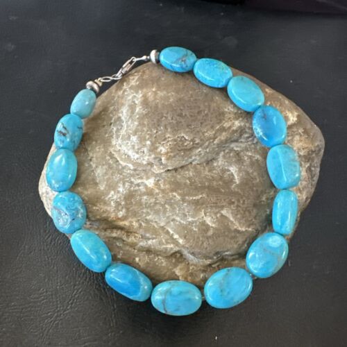 Women's Blue Turquoise Bead Bracelet | Southwestern Sterling Silver Link | 9" | 17229