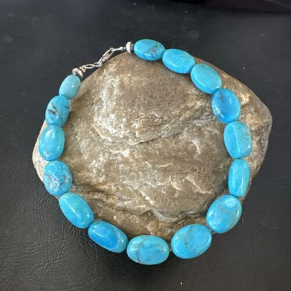 Women's Blue Turquoise Bead Bracelet | Southwestern Sterling Silver Link | 9" | 17229