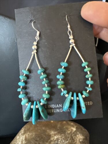 Navajo Blue Cluster Turquoise Bead Earrings | 6mm | Sterling Silver | 2" | Authentic Native American Handmade | 15845