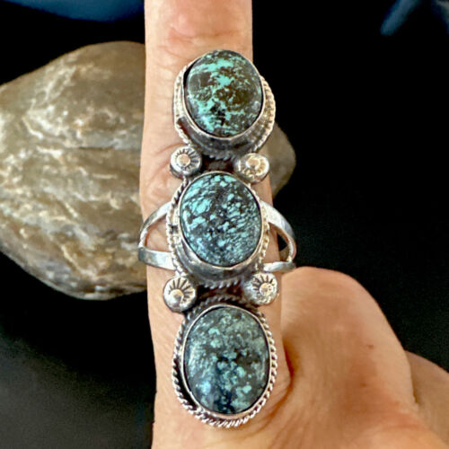 Navajo Blue Spiderweb Turquoise Multi-Stone Ring | Authentic Native American Sterling Silver | Sz 10 | 16712